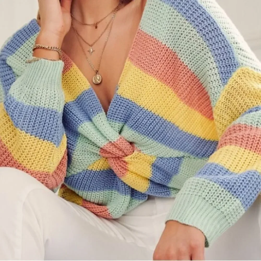 Gilli Sweater Pastel Rainbow Striped Twist Front Drop Shoulder Acrylic Size L